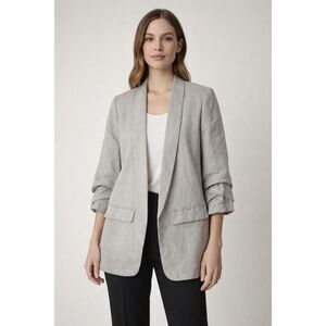 Zara Woman Beige Linen Blazer Jacket Women’s Size L – Ruched Sleeve Open Front
